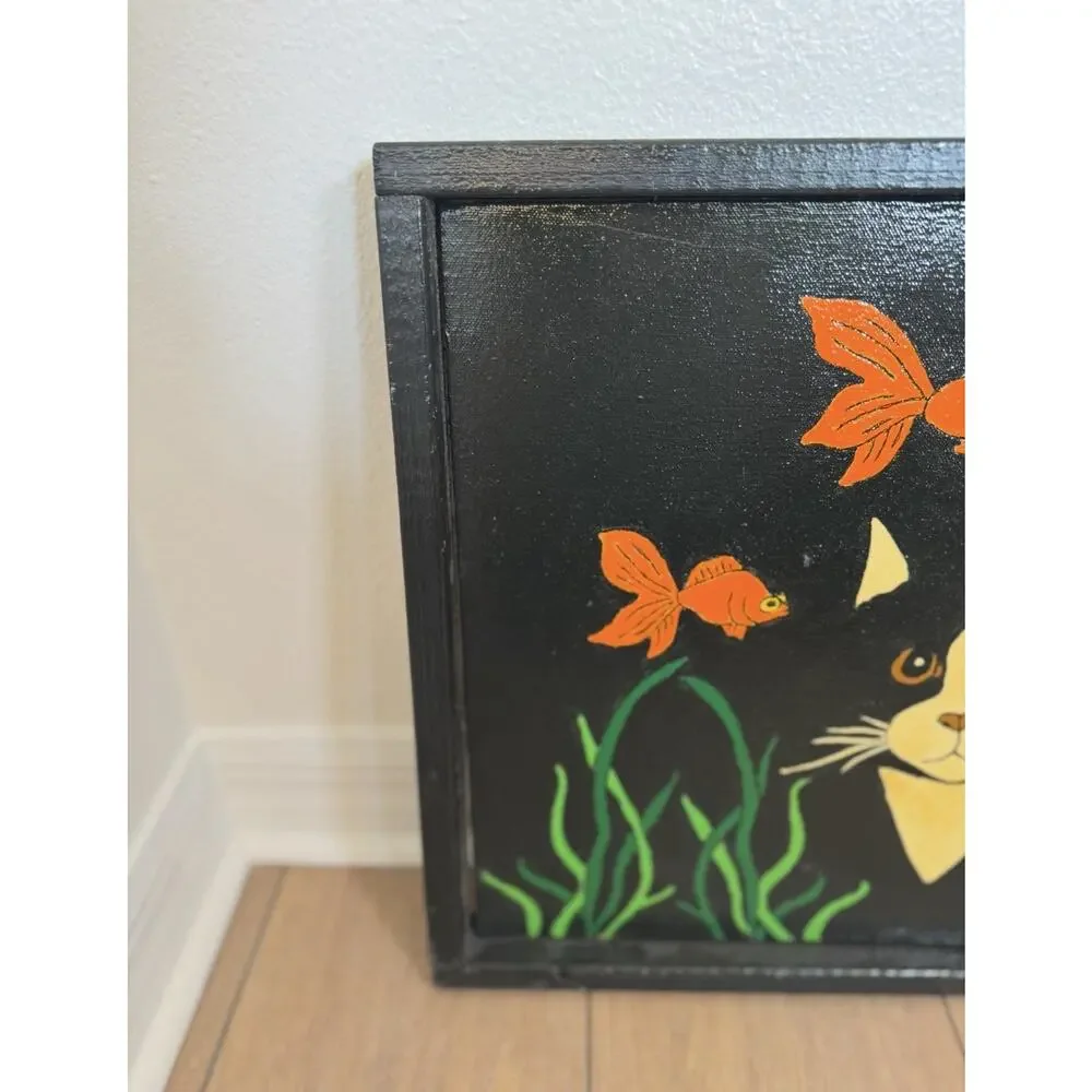 Folk Art Painted Canvas Black Cat Fishbowl Goldfish Scene Kitschy Whimsical - Picture 2 of 10